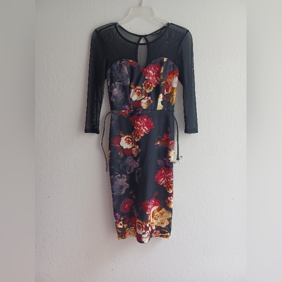 Venus black floral bodycon dress with mesh sleeves and mesh upper back, Small - Picture 1 of 9
